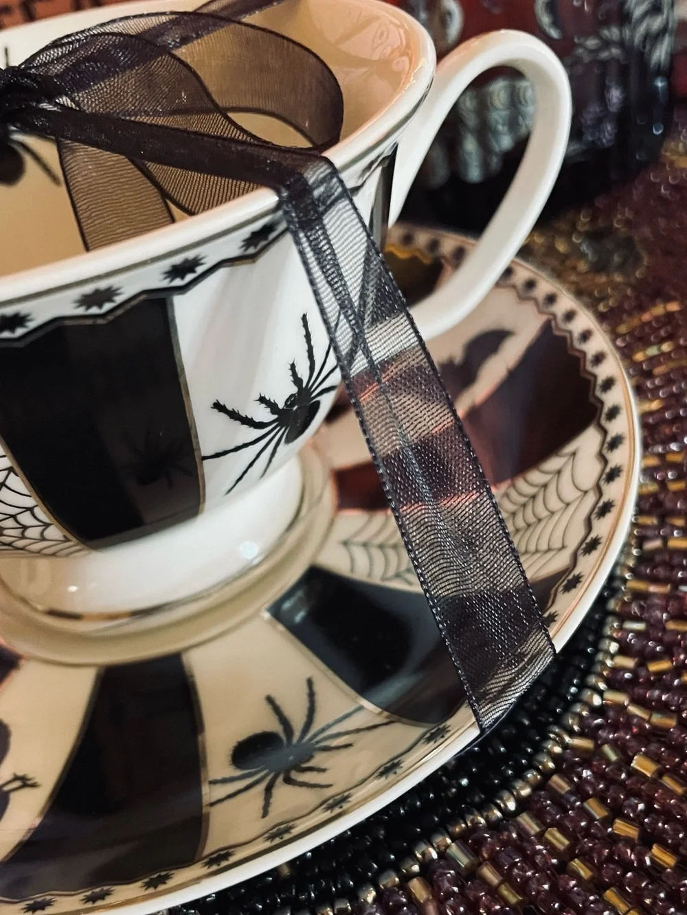 PARK CHATEAU NEW Gothic Spider Bats Halloween Porcelain Teacup and Saucer Set